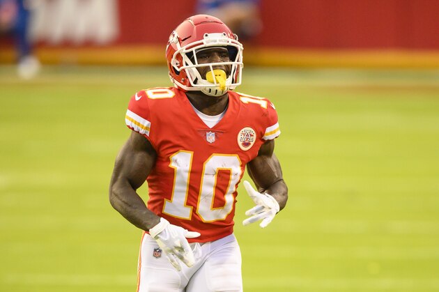 Kansas City Chiefs wide receiver Tyreek Hill (10) during the first half of an NFL football game against the New England Patriots, Monday, Oct. 5, 2020, in Kansas City, Mo. (AP Photo/Reed Hoffmann)