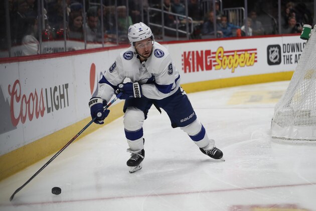 Tampa Bay Lightning center Tyler Johnson (9) in the second period of an NHL hockey game Monday, Feb. 17, 2020, in Denver. (AP Photo/David Zalubowski)