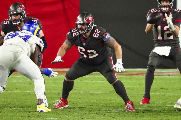 Tampa Bay Buccaneers center A.Q. Shipley (62) blocks during the second half of an NFL Football game against the Los Angeles Rams, Monday, Nov. 23, 2020, in Tampa, Fla. (AP Photo/Kevin Sabitus)