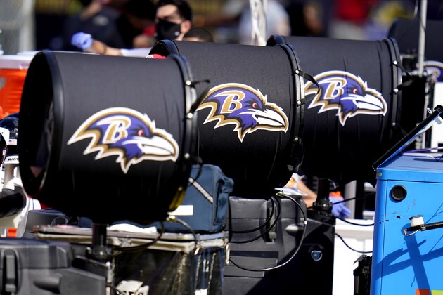 Large fans don the Baltimore Ravens logo during the second half of an NFL football game against the Cleveland Browns, Sunday, Sept. 13, 2020, in Baltimore. The Ravens won 38-6. (AP Photo/Julio Cortez)