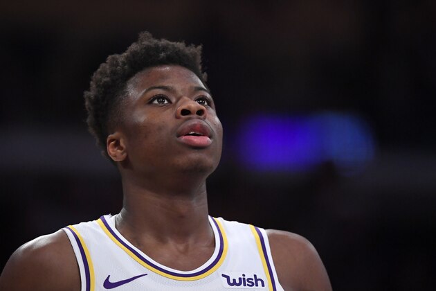 Los Angeles Lakers' Kostas Antetokounmpo waits for a rebound during the second half of a preseason NBA basketball game against the Golden State Warriors Wednesday, Oct. 16, 2019, in Los Angeles. The Lakers won 126-93. (AP Photo/Mark J. Terrill)