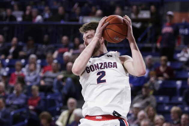 Gonzaga forward Drew Timme (2) grabs a rebound during the second half of an NCAA college basketball game \S| in Spokane, Wash., Thursday, Feb. 27, 2020. (AP Photo/Young Kwak)