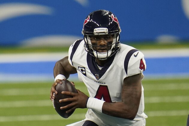 Houston Texans quarterback Deshaun Watson scrambles during the first half of an NFL football game against the Detroit Lions, Thursday, Nov. 26, 2020, in Detroit. (AP Photo/Paul Sancya)