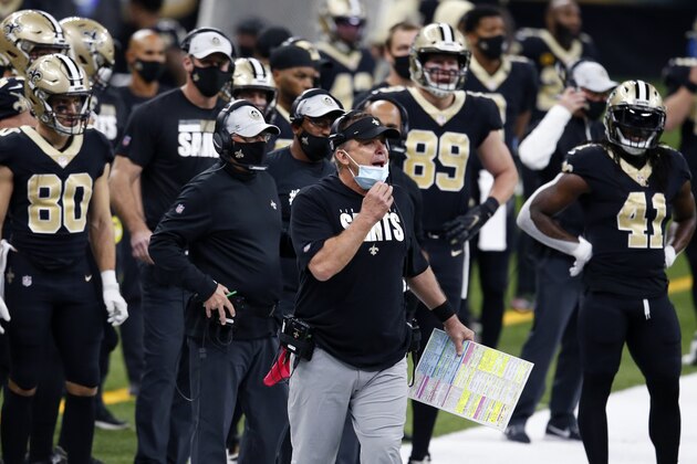 New Orleans Saints head coach Sean Payton calls out from the bench in the first half of an NFL football game against the Carolina Panthers in New Orleans, Sunday, Oct. 25, 2020. (AP Photo/Butch Dill)