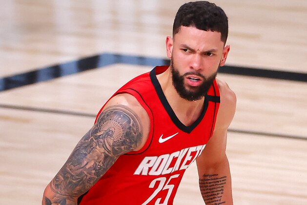 Houston Rockets' Austin Rivers reacts to his shot during the second quarter of Game 2 of an NBA basketball first-round playoff series against the Oklahoma City Thunder, Thursday, Aug. 20, 2020, in Lake Buena Vista, Fla. (Kevin C. Cox/Pool Photo via AP)