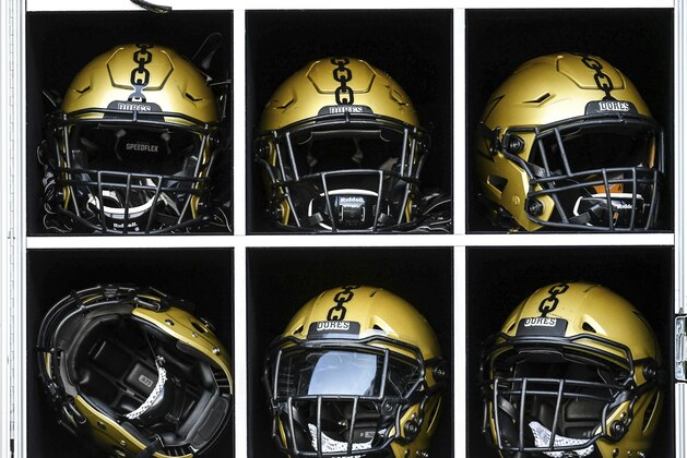 Vanderbilt football helmets sit in a travel case before an NCAA college football game Saturday, Nov. 2, 2019, in Columbia, S.C. (AP Photo/Sean Rayford)