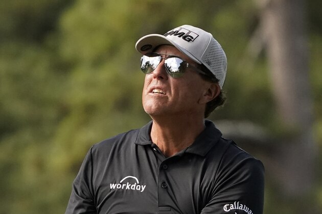 Phil Mickelson during a practice round for the Masters golf tournament Monday, Nov. 9, 2020, in Augusta, Ga. (AP Photo/Charlie Riedel)