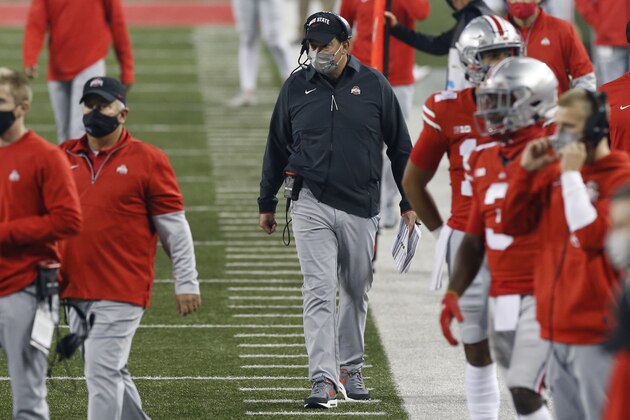 Ohio State coach Ryan Day watches during the second half of the team's NCAA college football game against Rutgers on Saturday, Nov. 7, 2020, in Columbus, Ohio. Ohio State won 49-27. (AP Photo/Jay LaPrete)