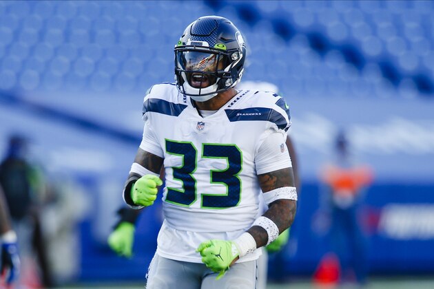Seattle Seahawks strong safety Jamal Adams (33) celebrates after sacking Buffalo Bills quarterback Josh Allen during the second half of an NFL football game Sunday, Nov. 8, 2020, in Orchard Park, N.Y. (AP Photo/John Munson)