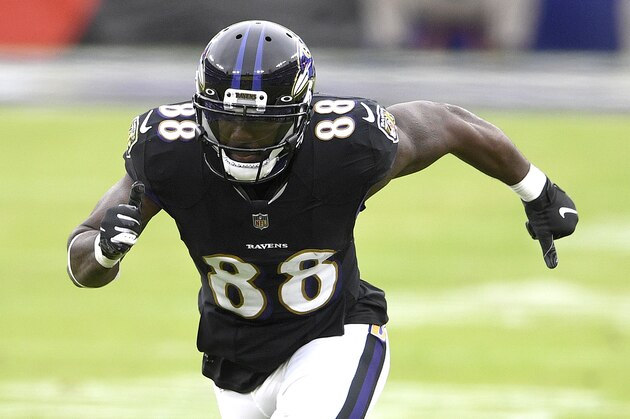 Baltimore Ravens wide receiver Dez Bryant runs a route against the Tennessee Titans during the second half of an NFL football game, Sunday, Nov. 22, 2020, in Baltimore. (AP Photo/Nick Wass)