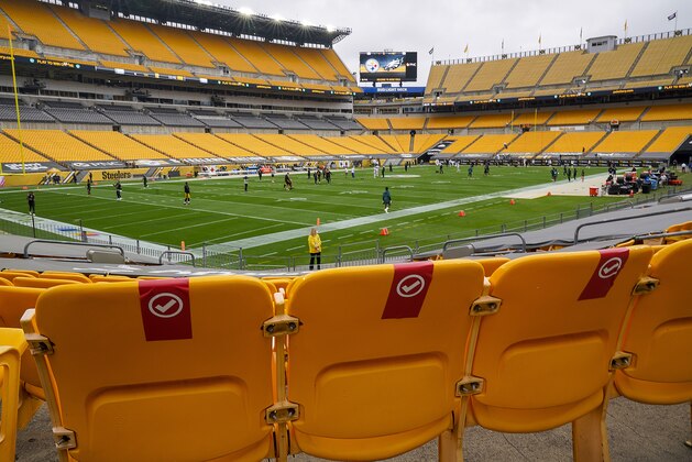 Seats are marked at Heinz Field to socially distance the approximately 5000 football fans that will be attending the NFL football game between the Pittsburgh Steelers and the Philadelphia Eagles in Pittsburgh, Sunday, Oct. 11, 2020. It will be the first Steelers home game that fans have been allowed to attend. (AP Photo/Gene J. Puskar)