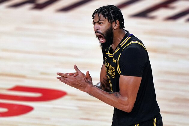 FILE - In this Oct. 9, 2020, file photo, Los Angeles Lakers forward Anthony Davis celebrates during the second half in Game 5 of basketball's NBA Finals against the Miami Heat in Lake Buena Vista, Fla. Davis is the biggest name on the free agency board; he turned down his option for this season with the Lakers but isnâ€™t expected to go anyplace else. (AP Photo/Mark J. Terrill, File)
