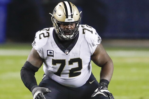New Orleans Saints offensive tackle Terron Armstead (72) in action against the Chicago Bears during the overtime of an NFL football game, Sunday, Nov. 1, 2020, in Chicago. (AP Photo/Kamil Krzaczynski)