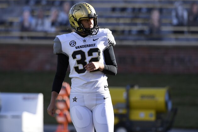 Vanderbilt place kicker Sarah Fuller warms up before the start of an NCAA college football game against Missouri Saturday, Nov. 28, 2020, in Columbia, Mo. (AP Photo/L.G. Patterson)