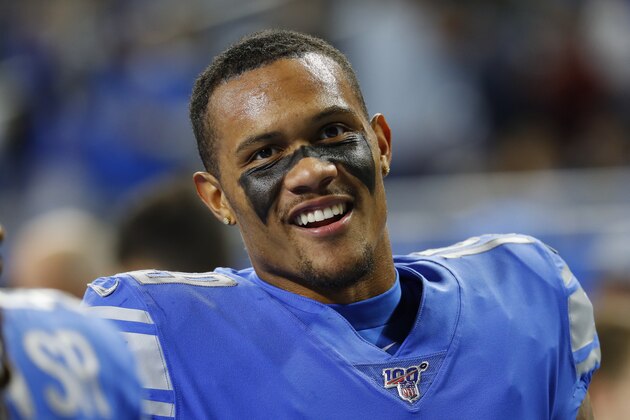 Detroit Lions wide receiver Kenny Golladay smiles during an NFL football game against the New York Giants in Detroit, Sunday, Oct. 27, 2019. (AP Photo/Paul Sancya)