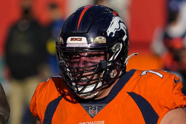 Denver Broncos offensive tackle Garett Bolles (72) looks on against the Miami Dolphins during an NFL football game Sunday, Nov. 22, 2020, in Denver. (AP Photo/Jack Dempsey)