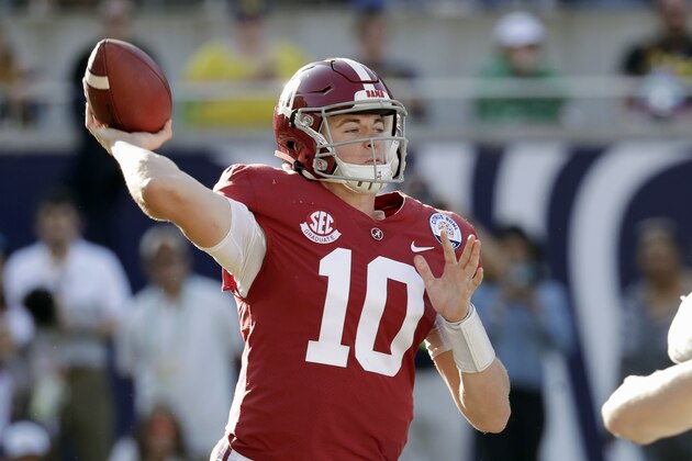 FILE- In this Jan. 1, 2020, file photo, Alabama quarterback Mac Jones (10) throws a pass during the second half of the Citrus Bowl NCAA college football game against Michigan in Orlando, Fla. Alabama quarterback Mac Jones and Auburn's Bo Nix have taken different paths to their starting jobs. Now, they'll lead their teams into the Iron Bowl for the second straight year. (AP Photo/John Raoux, File)