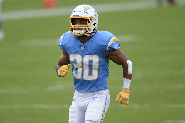 Los Angeles Chargers running back Austin Ekeler (30) before an NFL football game against the Tampa Bay Buccaneers Sunday, Oct. 4, 2020, in Tampa, Fla. (AP Photo/Jason Behnken)