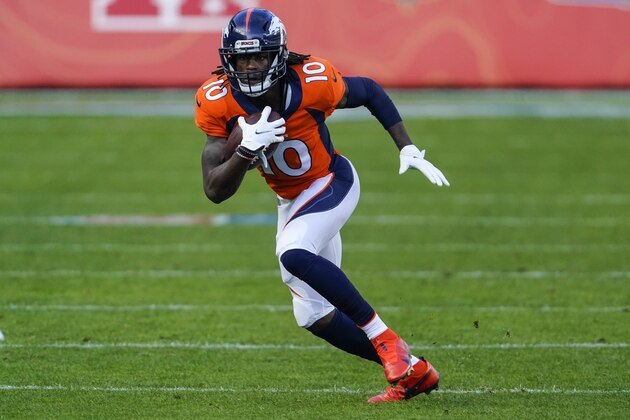 Denver Broncos wide receiver Jerry Jeudy (10) runs against the Miami Dolphins during an NFL football game Sunday, Nov. 22, 2020, in Denver. (AP Photo/Jack Dempsey)