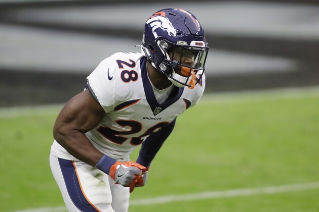Denver Broncos running back Royce Freeman (28) plays against the Las Vegas Raiders during the first half of an NFL football game, Sunday, Nov. 15, 2020, in Las Vegas. (AP Photo/Isaac Brekken)