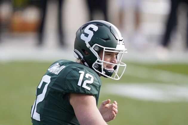 Michigan State quarterback Rocky Lombardi plays during the first half of an NCAA college football game against Indiana, Saturday, Nov. 14, 2020, in East Lansing, Mich. (AP Photo/Carlos Osorio)