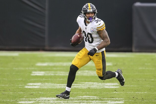 Pittsburgh Steelers running back James Conner (30) during the second half of an NFL football game against the Jacksonville Jaguars, Sunday, Nov. 22, 2020, in Jacksonville, Fla. (AP Photo/Gary McCullough)