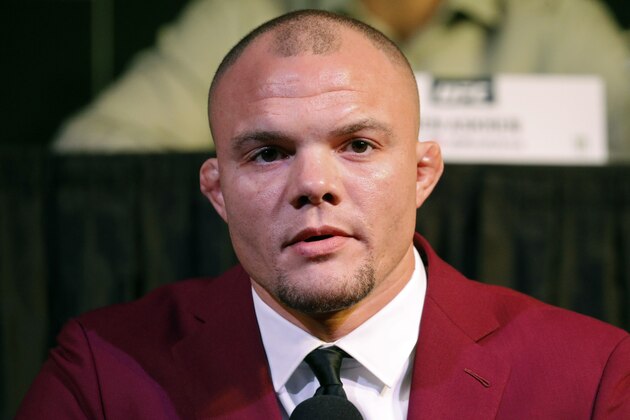 Anthony Smith attends a news conference for the UFC 235 mixed martial arts event, Thursday, Jan. 31, 2019, in Las Vegas. Smith is scheduled to fight Jon Joneson March 2 in Las Vegas. (AP Photo/John Locher)