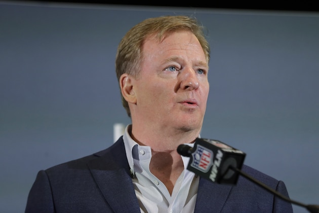 FILE - In this Feb. 3, 2020 file photo NFL Commissioner Roger Goodell speaks during a news conference in Miami. The NFL has set protocols for reopening team facilities and has told the 32 teams to have them in place by May 15. In a memo sent by Goodell and obtained Wednesday, May 6, 2020 by The Associated Press, several phases of the protocols were laid out. The first phase would involve a limited number of non-player personnel, initially 50 percent of the non-player employees (up to a total of 75) on any single day, being approved to be at the facility. But state or local regulations could require a lower number. (AP Photo/Brynn Anderson, file)