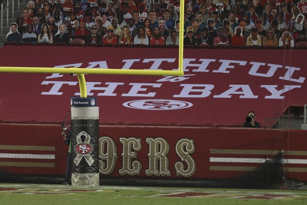 A Salute to Service logo is shown on a goal post at Levi's Stadium during the first half of an NFL football game between the San Francisco 49ers and the Green Bay Packers in Santa Clara, Calif., Thursday, Nov. 5, 2020. (AP Photo/Jed Jacobsohn)
