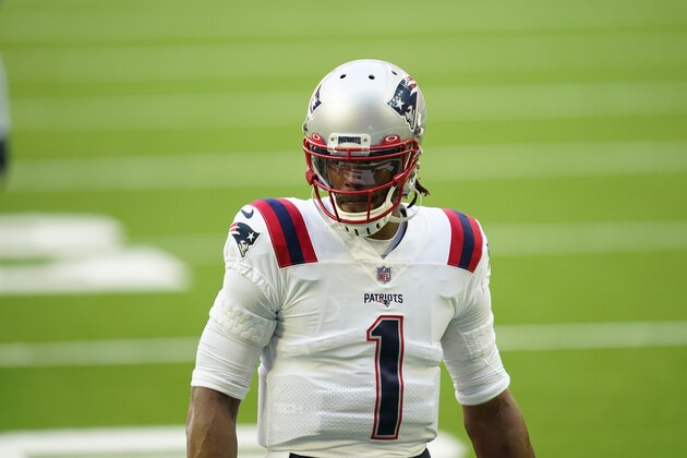 New England Patriots quarterback Cam Newton (1) looks on during pregame warmups before an NFL football game against the Houston Texans, Sunday, Nov. 22, 2020, in Houston. (AP Photo/Matt Patterson)