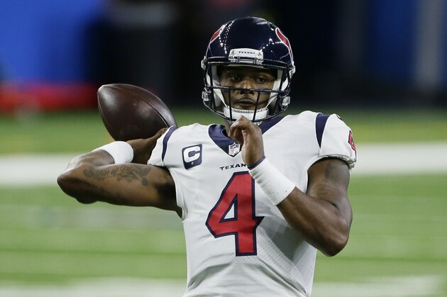 Houston Texans quarterback Deshaun Watson (4) passes the ball against the Detroit Lions during the first half of an NFL football game, Thursday, Nov. 26, 2020, in Detroit. (AP Photo/Duane Burleson)
