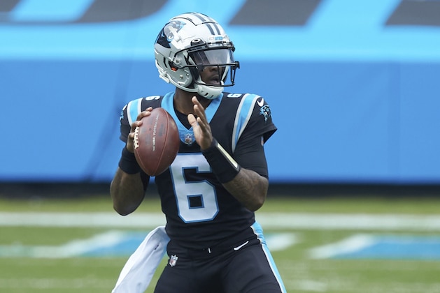 Carolina Panthers quarterback P.J. Walker (6) during an NFL football game against the Detroit Lions, Sunday, Nov. 22, 2020, in Charlotte, N.C. (AP Photo/Brian Westerholt)