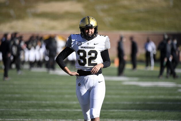Vanderbilt place kicker Sarah Fuller warms up before the start of an NCAA college football game against Missouri Saturday, Nov. 28, 2020, in Columbia, Mo. (AP Photo/L.G. Patterson)