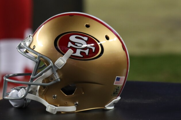 A San Francisco 49ers helmet sits next to a bottle of Gatorade during an NFL football game between the Green Bay Packers and the San Francisco 49ers, Thursday, Nov. 5, 2020, in Santa Clara, Calif. (AP Photo/Scot Tucker)