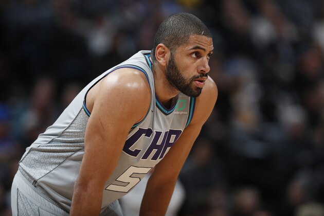 Charlotte Hornets guard Nicolas Batum (5) in the first half of an NBA basketball game Wednesday, Jan. 15, 2020, in Denver. (AP Photo/David Zalubowski)