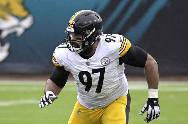 Pittsburgh Steelers defensive tackle Cameron Heyward (97) rushes the line of scrimmage during the first half of an NFL football game against the Jacksonville Jaguars, Sunday, Nov. 22, 2020, in Jacksonville, Fla. (AP Photo/Phelan M. Ebenhack)