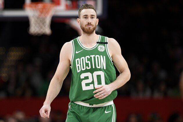 Boston Celtics forward Gordon Hayward (20) stands on the court during the second half of an NBA basketball game against the Washington Wizards, Monday, Jan. 6, 2020, in Washington. The Wizards won 99-94. (AP Photo/Nick Wass)