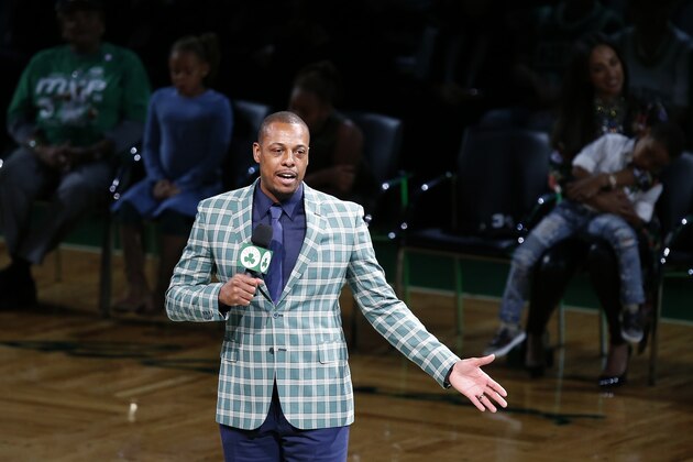 Former Boston Celtics Paul Pierce address the crowd during a ceremony to retire his number following an NBA basketball game against the Cleveland Cavaliers in Boston, Sunday, Feb. 11, 2018. (AP Photo/Michael Dwyer)