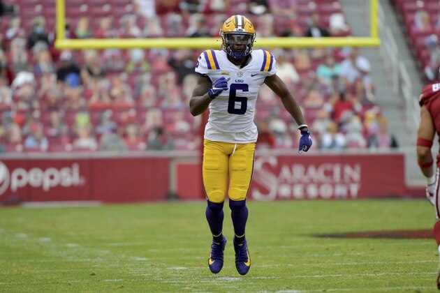 LSU receiver Terrace Marshall Jr. (6) against Arkansas during an NCAA college football game Saturday, Nov. 21, 2020, in Fayetteville, Ark. (AP Photo/Michael Woods)