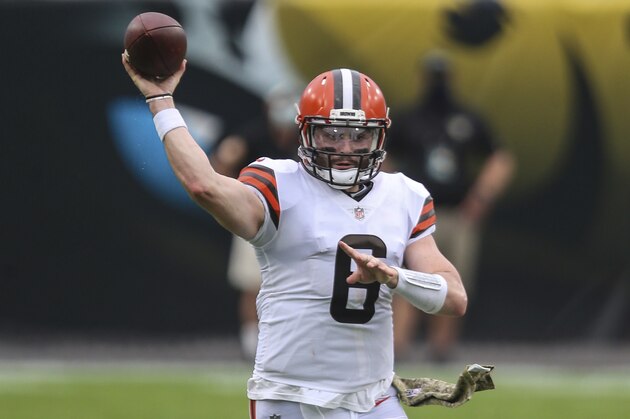 Cleveland Browns quarterback Baker Mayfield (6) throws a pass during the first half of an NFL football game against the Jacksonville Jaguars, Sunday, Nov. 29, 2020, in Jacksonville, Fla. (AP Photo/Gary McCullough)