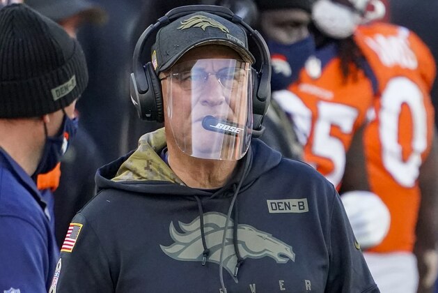 Denver Broncos head coach Vic Fangio looks on against the Miami Dolphins during an NFL football game Sunday, Nov. 22, 2020, in Denver. (AP Photo/Jack Dempsey)