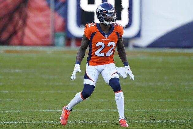 Denver Broncos strong safety Kareem Jackson (22) against the New Orleans Saints during the first half of an NFL football game, Sunday, Nov. 29, 2020, in Denver. (AP Photo/Jack Dempsey)