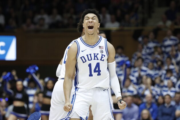 Duke guard Jordan Goldwire (14) reacts during the second half of an NCAA college basketball game against North Carolina State in Durham, N.C., Monday, March 2, 2020. (AP Photo/Gerry Broome)