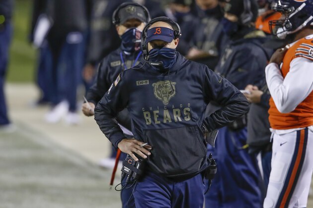 Chicago Bears head coach Matt Nagy walks on the sidelines during the first half of an NFL football game against the Minnesota Vikings, Monday, Nov. 16, 2020, in Chicago. (AP Photo/Kamil Krzaczynski)