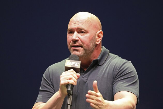 FILE - In this Sept. 19, 2019, file photo, UFC President Dana White speaks at a news conference in New York. UFC 249 has been canceled after ESPN and parent company Disney stopped White's plan to keep fighting amid the coronavirus pandemic. After defiantly vowing for weeks to maintain a regular schedule of fights, White announced the decision to cease competition Thursday, April 9, on ESPN, the UFC's broadcast partner. (AP Photo/Gregory Payan, File)