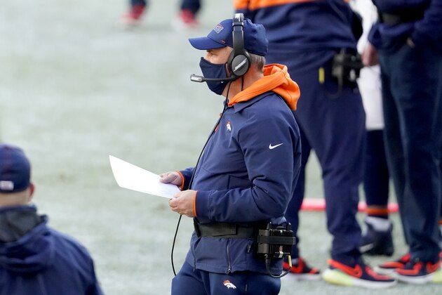 Denver Broncos head coach Vic Fangio during the first half of an NFL football game agaisnt the New Orleans Saints, Sunday, Nov. 29, 2020, in Denver. (AP Photo/Jack Dempsey)