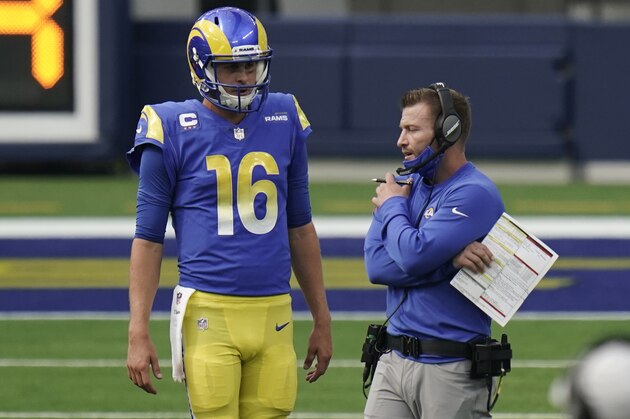 Los Angeles Rams head coach Sean McVay, right, talks to quarterback Jared Goff (16) during the second half of an NFL football game Sunday, Oct. 4, 2020, in Inglewood, Calif. (AP Photo/Jae C. Hong)