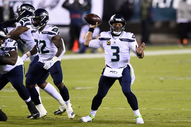 Seattle Seahawks' Russell Wilson passes during the first half of an NFL football game against the Philadelphia Eagles, Monday, Nov. 30, 2020, in Philadelphia. (AP Photo/Derik Hamilton)