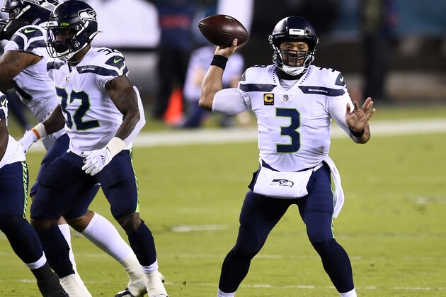 Seattle Seahawks' Russell Wilson passes during the first half of an NFL football game against the Philadelphia Eagles, Monday, Nov. 30, 2020, in Philadelphia. (AP Photo/Derik Hamilton)