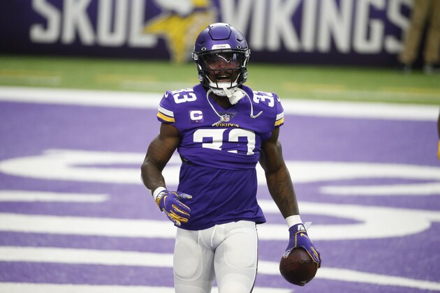 Minnesota Vikings running back Dalvin Cook warms up before an NFL football game against the Carolina Panthers, Sunday, Nov. 29, 2020, in Minneapolis. (AP Photo/Bruce Kluckhohn)